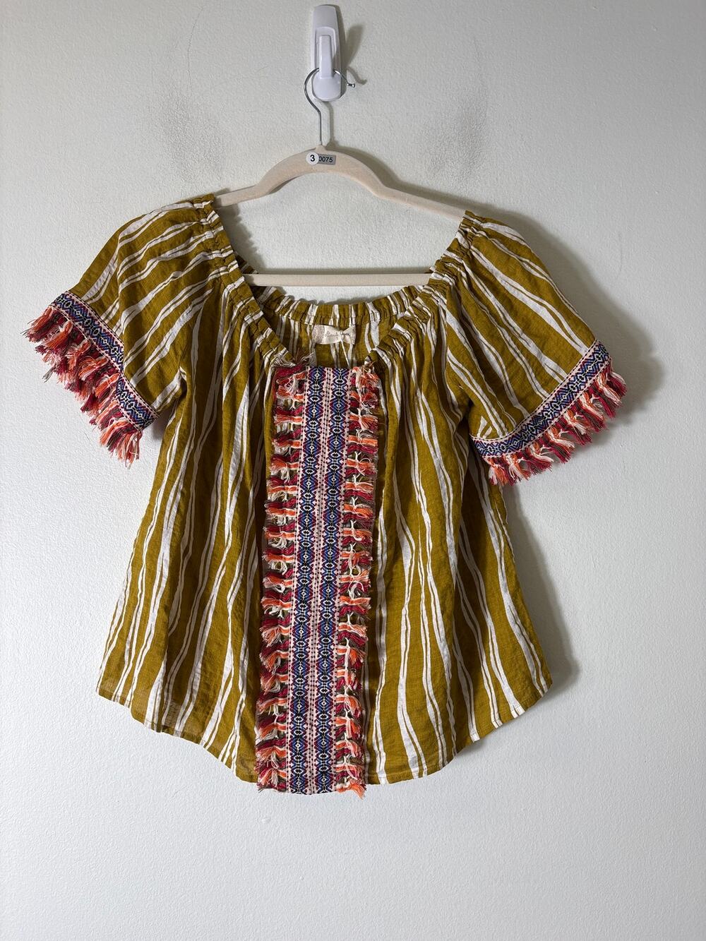 Alter'd State Chartreuse Stripe Short Sleeve Fringed Cotton Top Sz S
